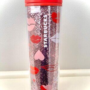 Starbucks Valentine's Day Red Lips Pink Hearts with Glitter Insulated Tumbler